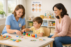 “ABA therapist working with a young child on developmental learning activities while the parent observes in a supportive clinical therapy setting.”
