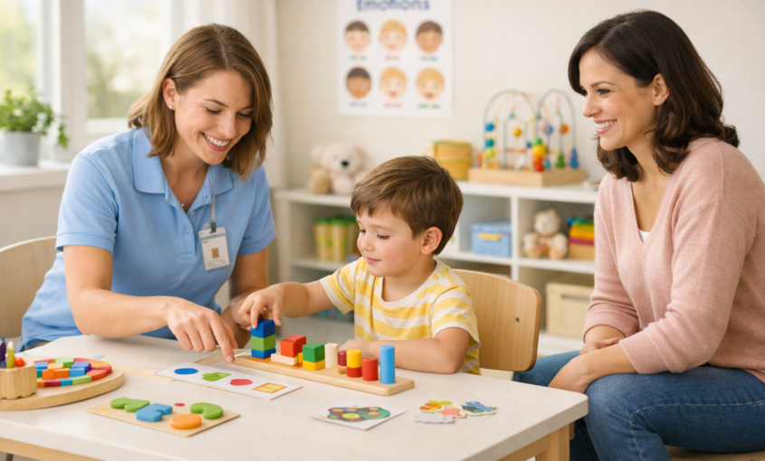 “ABA therapist working with a young child on developmental learning activities while the parent observes in a supportive clinical therapy setting.”