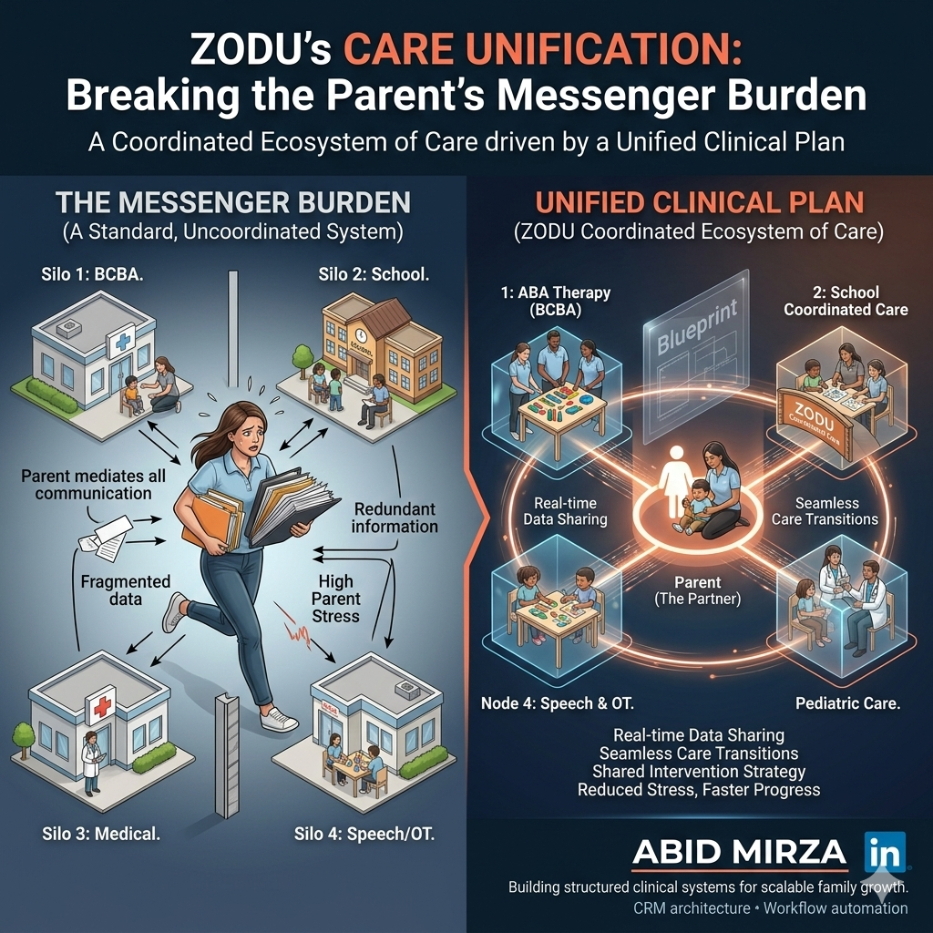 A visual infographic comparing the traditional fragmented healthcare model for autism, marked as 'Isolated Providers,' with ZODU's coordinated model, marked as 'Integrated Oversight' with BCBAs, pediatricians, and counselors in sync.