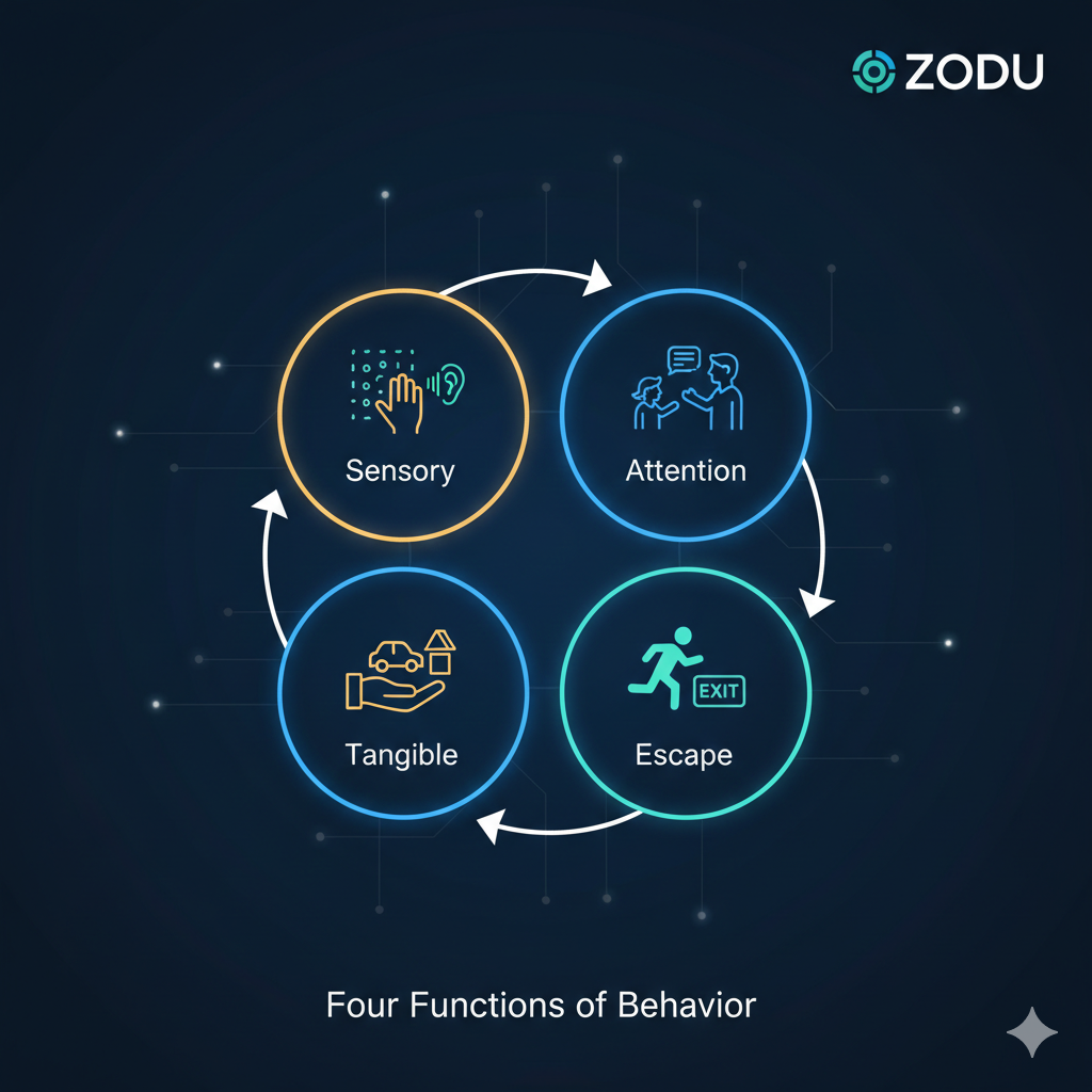 An infographic illustrating the four functions of behavior (Attention, Escape, Tangible, Sensory) used in a Functional Behavior Assessment during ABA therapy for children.