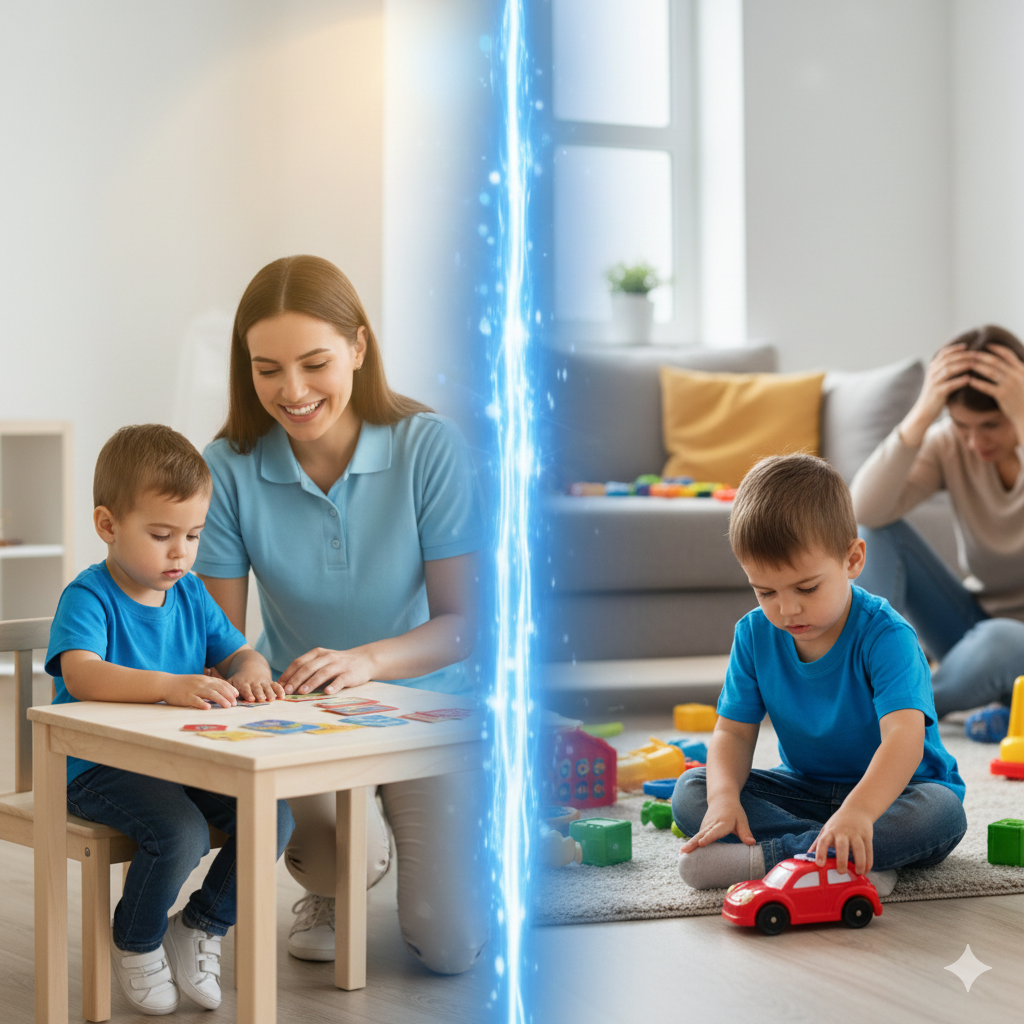 A visual representation of the "Clinical Isolation Wall" where skills learned in ABA therapy in a clinic do not transfer to a child's natural home environment.