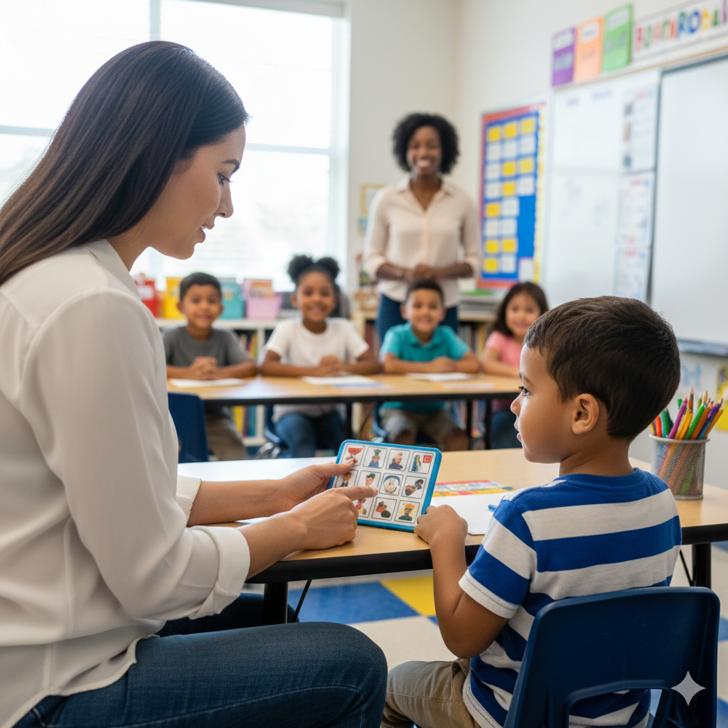 A child receiving 1:1 school-based ABA therapy to help with classroom transitions and social engagement.