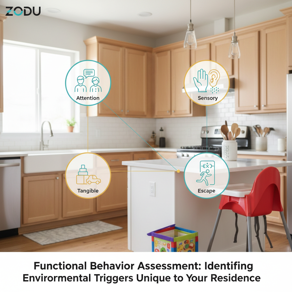 An infographic showing how environmental triggers are identified during in-home autism therapy.