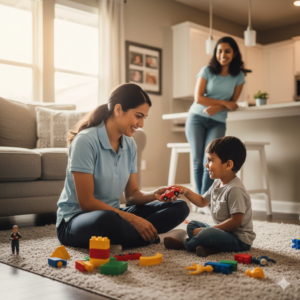 A child practicing functional communication skills during an in-home ABA therapy session in a natural residential setting.