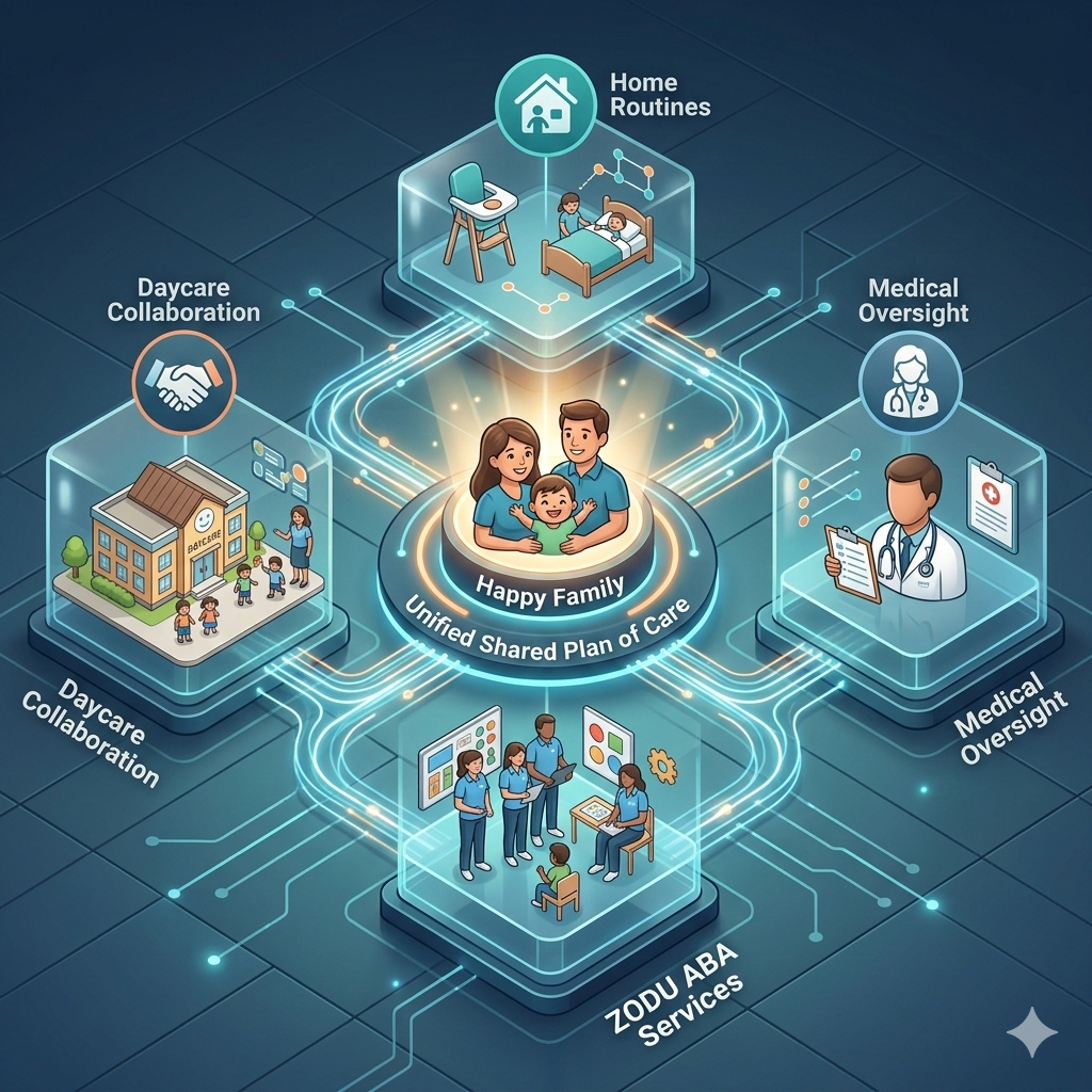 A diagram of the ZODU Integrated Family Health System for early intervention ABA therapy, showing coordination with pediatricians and daycares.