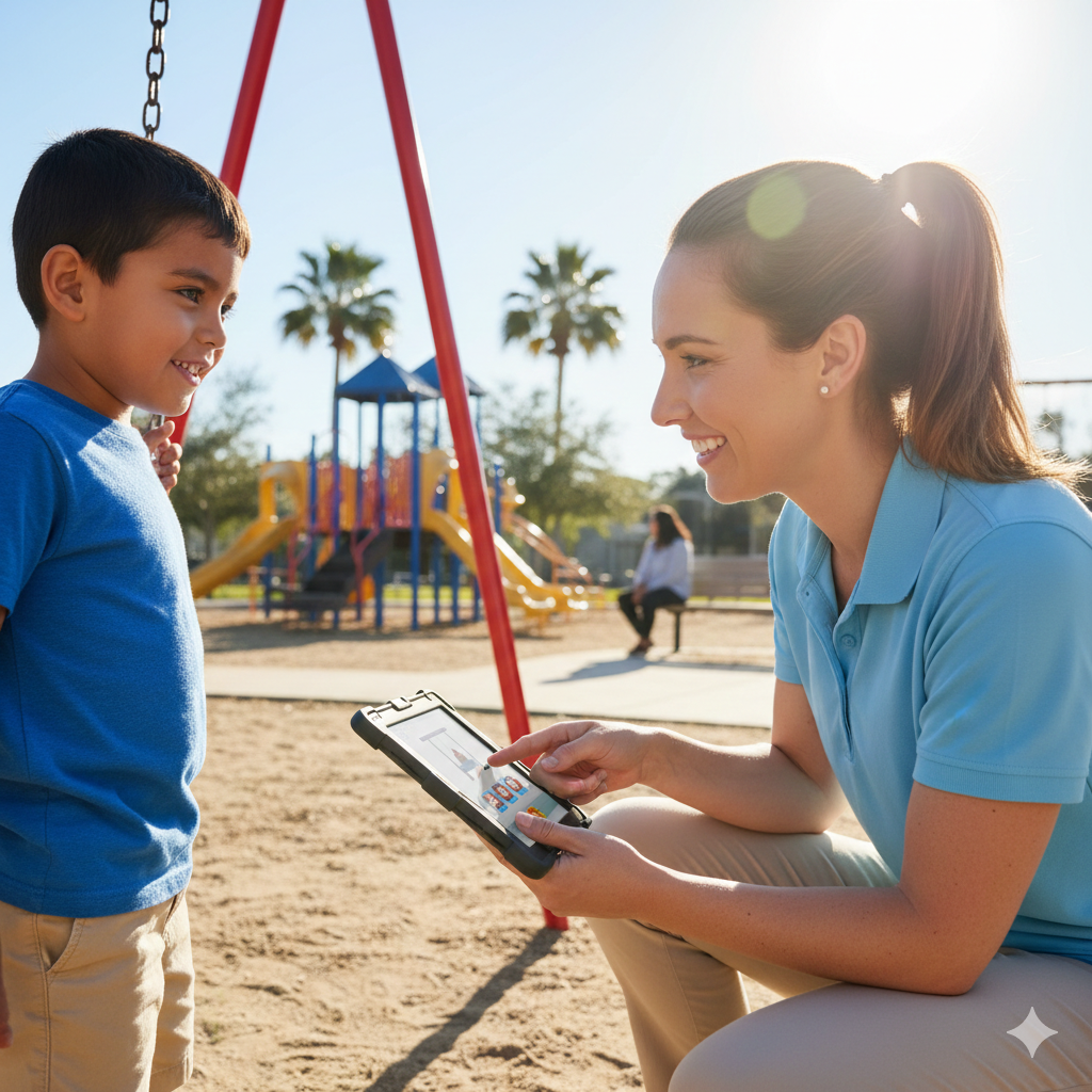 A child practicing communication skills through natural environment teaching ABA at a community park.
