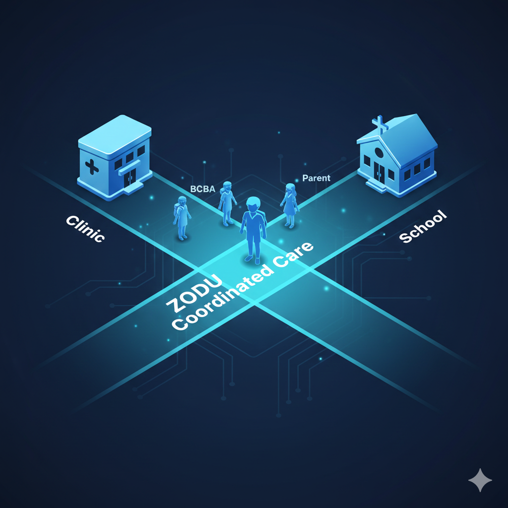 A diagram showing how ZODU bridges the gap between clinic strategies and school ABA services.