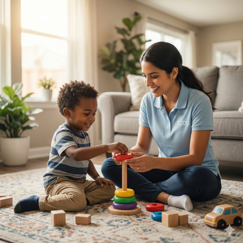 A child and therapist participating in play-based early intervention ABA therapy to build foundational skills.