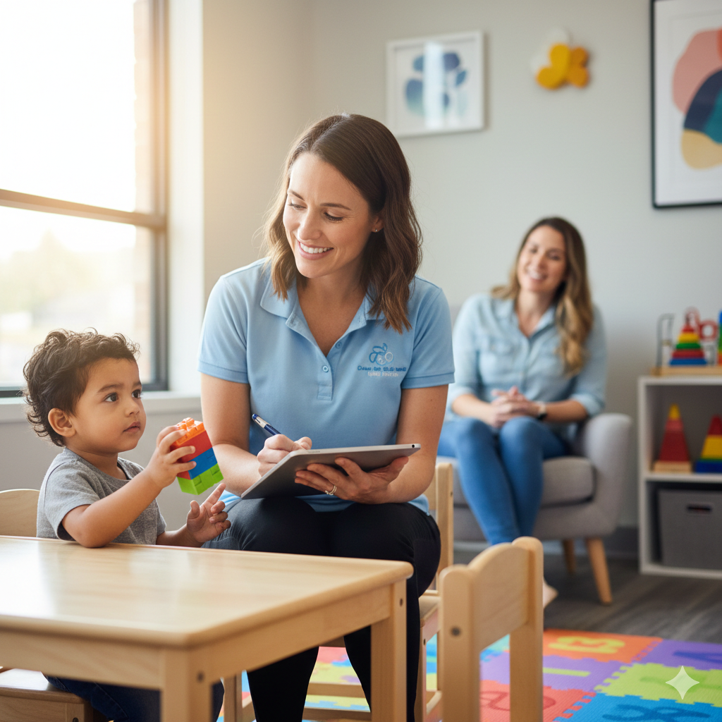 A child participating in a professional ABA therapy evaluation with a BCBA to create an individualized treatment plan.