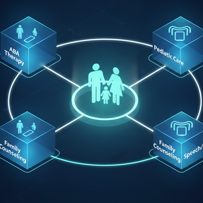 A diagram of the ZODU Integrated Family Health System showing coordinated autism therapy in Florida.