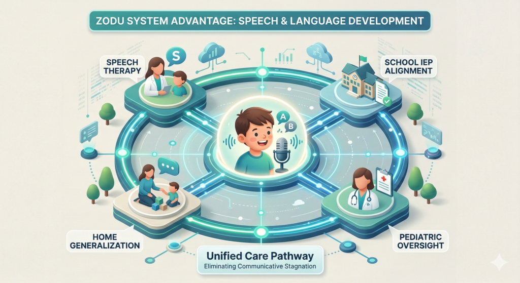 A diagram of ZODU's Integrated Family Health System for coordinated speech therapy for children