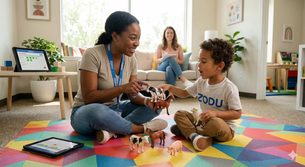 A toddler receiving early intervention pediatric ABA therapy in a natural home setting to improve communication skills.