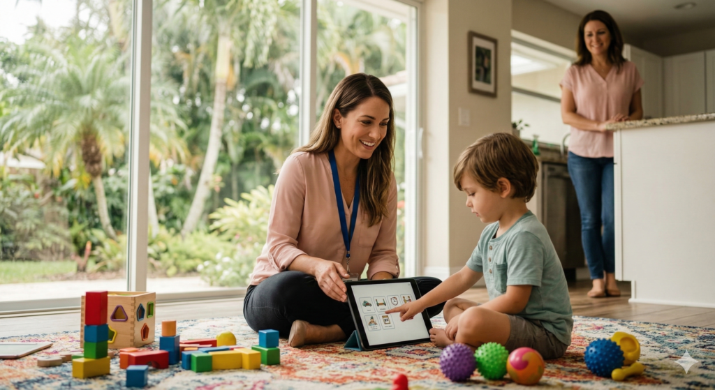 A child and BCBA participating in a play-based behavioral therapy for autism session at home in Florida.