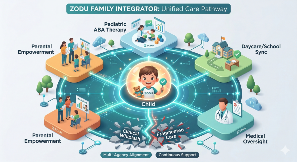 A diagram of ZODU's Integrated Family Health System for coordinated pediatric ABA therapy.