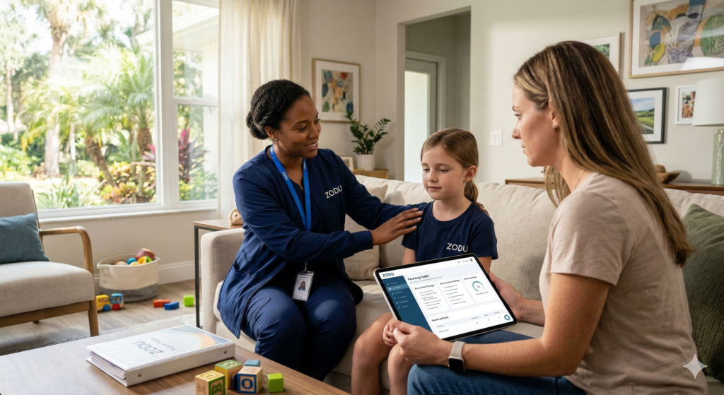 A mother receiving hands-on parent training for autism from a BCBA in her home environment.