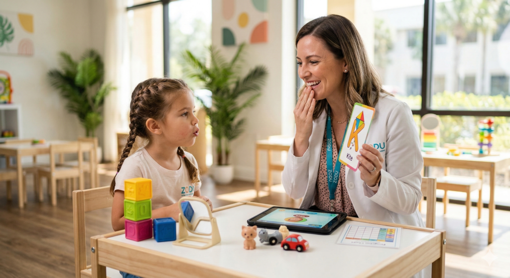 A child participating in a pediatric speech therapy session to improve articulation and language acquisition.